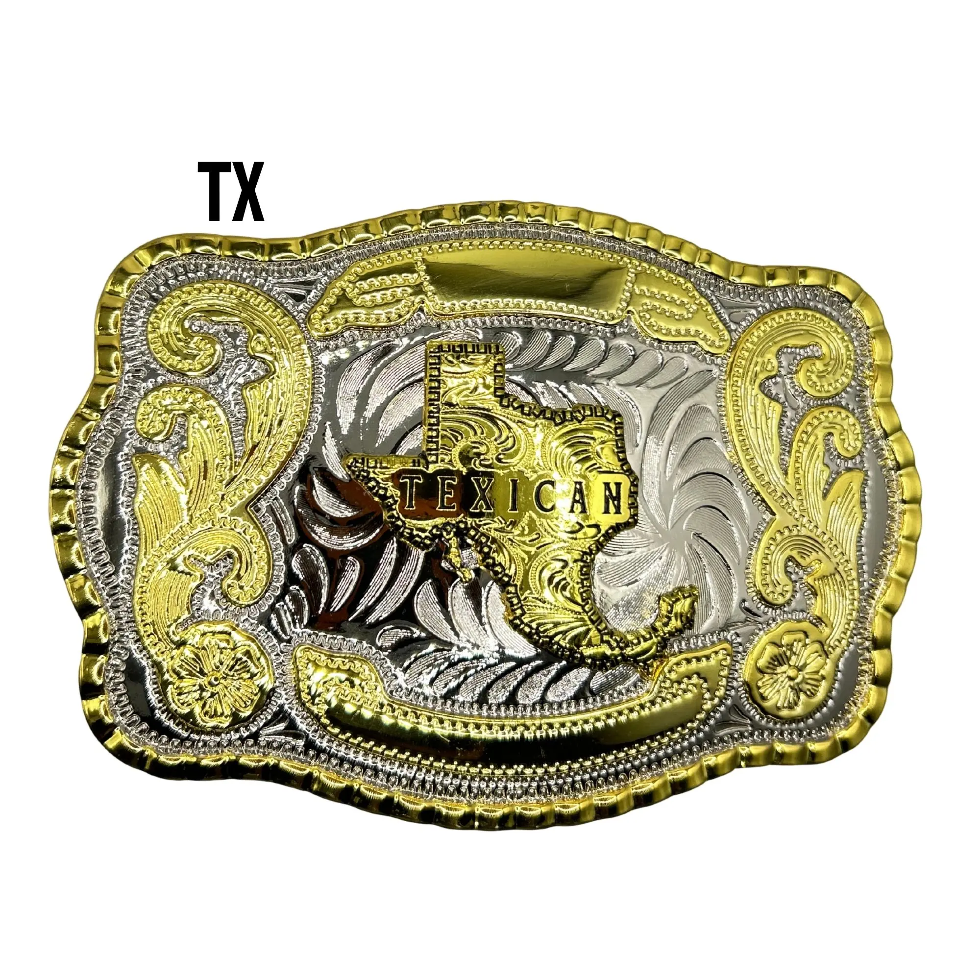 Texican Western Belt Buckle Texas & Mexico Fusion Durable Alloy Metal 5.5" x 4" Gold Silver-Tone Fits 1.5" Belts
