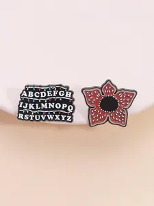 Sci-Fi Horror Film Badge Set A-Z + Mysterious Flower Designs, Unisex Cartoon and Letter Patterns for Casual Bags, Gothic Retro Collectibles, Flower Brooch Pin