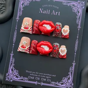 Y2K 10-Piece Handmade Nail Art Set, Hot Lips, Sexy Style, Medium-Length Almond Nails, Planetary Decor, Luxurious Polish, Perfect for Parties