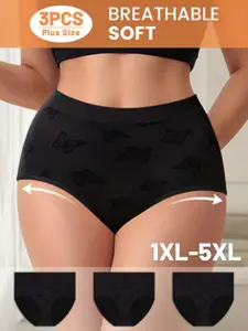 3-Pack Women's Plus Size Butterfly Shaped Soft Skin-Friendly Low Waist Triangle Underwear Panties, Elegant Comfortable Fitted Design for All Seasons