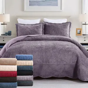 Luxury Velvet Quilt Set - 3 PCS Embroidery Quilted Bedspread King/Queen Size Soft Flannel Faux Fur Bedding Collection for Winter