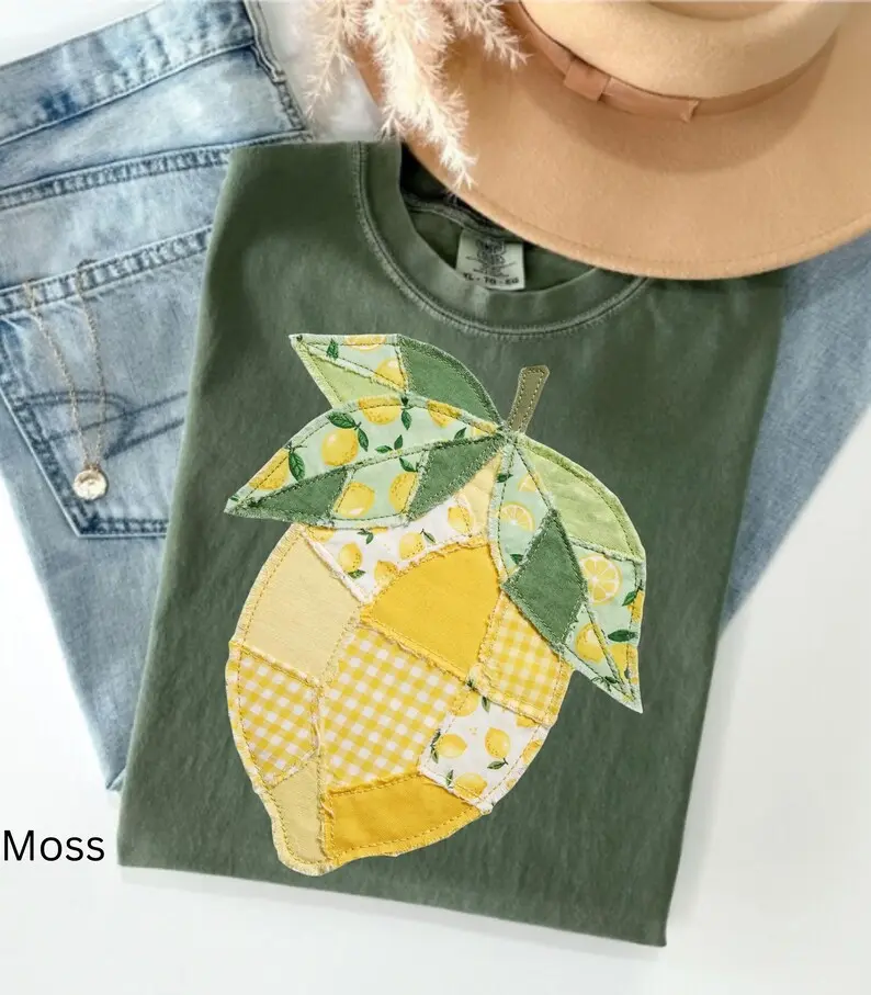 Comfort Colors Faux Quilted Patchwork Lemon Printed TShirt, Vintage Quilt Lemon, Lemon Floral Graphic Tee, Coquette Lemon Shirt, Summer T-shirt