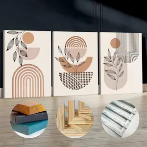 3Pcs Wooden Framed Canvas Painting, Abstract Geometric Brown And Beige Leaves Plants Shapes, Exquisite Poster, Home Decoration, Pattern Wall Art Decor, For Living Room, Bedroffice, Restaurant, Bar Wall Decor, Waterproof, Odorless, Painting, Print Artwork.