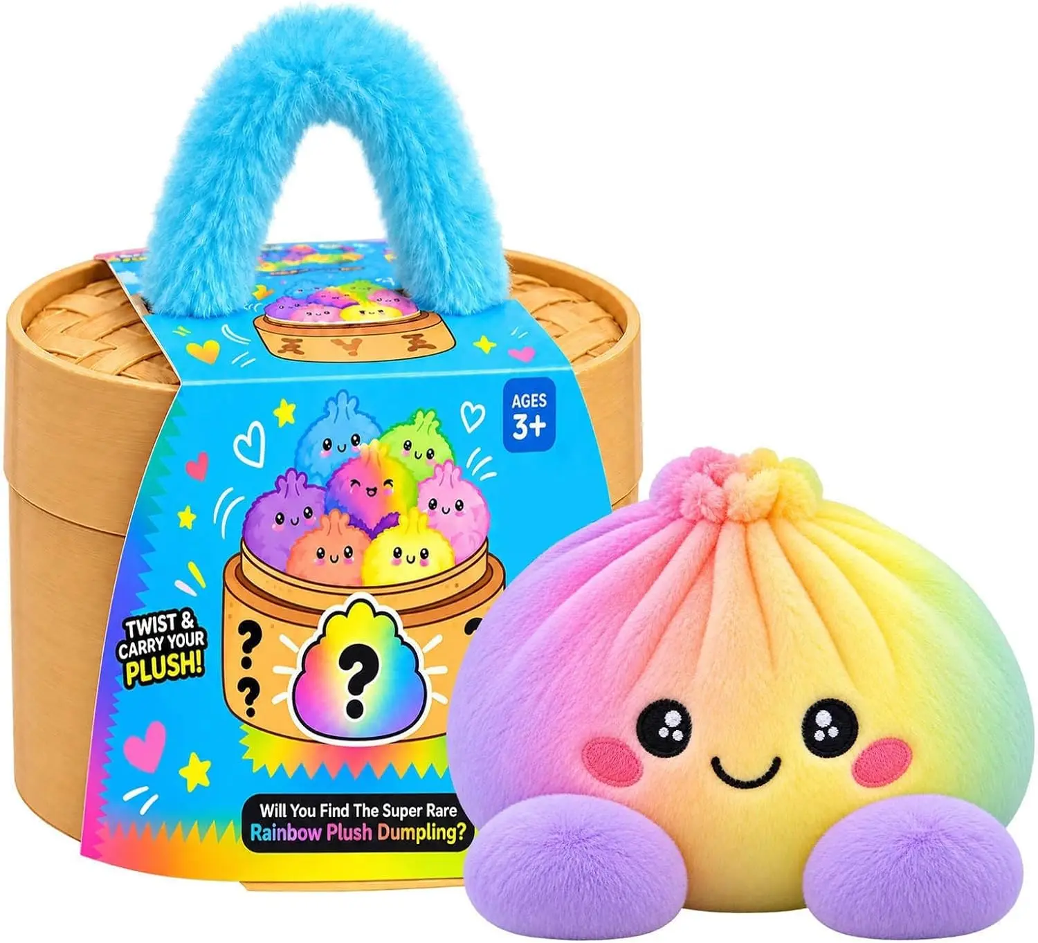 5.91 inches Cute Plush Stuffed Dumpling Squishies with Bamboo-Style Steamer Basket, Big Rainbow Squishy Toy, Home Decor Christmas Gift