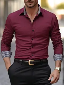 Men's Business Casual Colorblock Fitted Plaid Long Sleeve Collared Shirt, Stylish Office Wear, Comfortable Fabric, Perfect for Daily Use, Classic