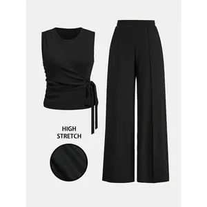 Women's Knot Front Top & Wide Leg Pants Set, Casual Sleeveless Round Neck Crop Top & Straight Leg Trousers Co Ord Set for Summer, Cute 2 Piece Outfits for Women Daily Wear