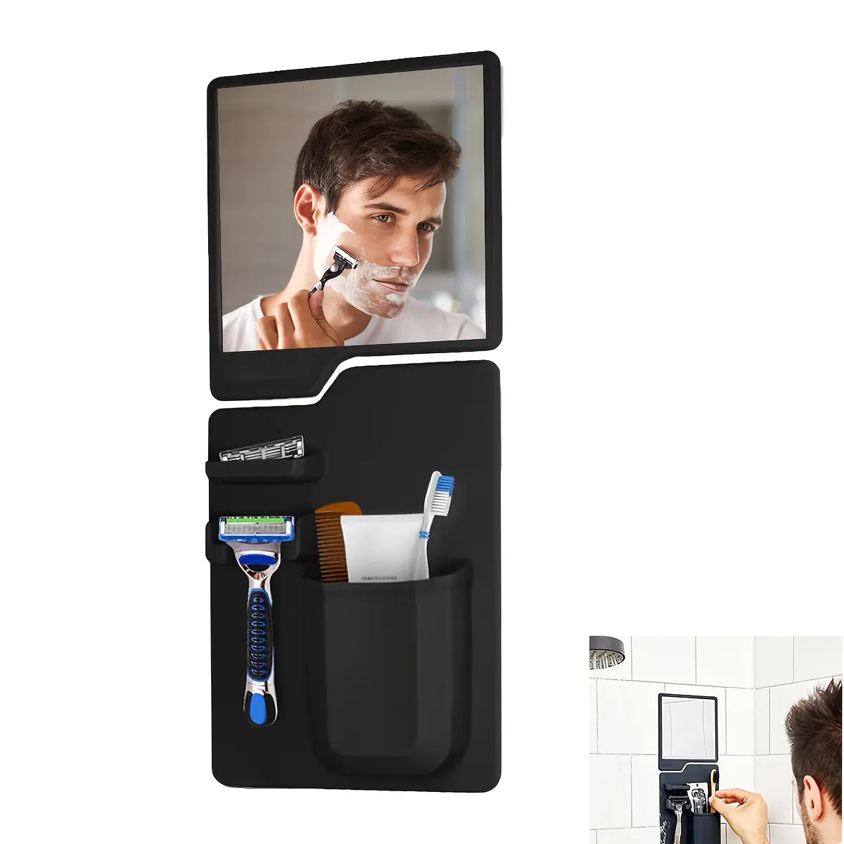 1 Set of Shaving Shower Mirror+Toothbrush & Razor Holder, Wall-Mounted Toiletries Organizer, Vacuum Adsorbed Detachable&Reusable, Non-breakable Acrylic Miror and Toiletries Shaver Organizer, Bathroom Accessories, Toothbrush Storage, Toothbrush Holders