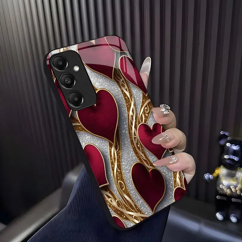 Luxurious romantic heart case for Galaxy A15, elegant gold trim love pattern cover, best gift for her, anniversary, aesthetic phone accessory — 975
