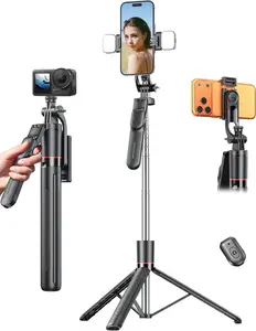 67" Phone Tripod with Light, Selfie Stick with Remote& 360° Pan Handle, Tripod for iPhone Android, Extendable  Phone Stand for Video Recording/Travel Vlog/Live, Detachable Phone Holder