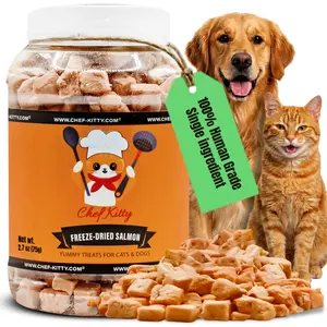 CHEF KITTY Freeze Dried Salmon Fish Cat Treats - 100% Wild Caught, Grain-Free, High Protein, Single Ingredient, No Additives/Preservatives, USA-Tested Dog & Cat Food Toppers