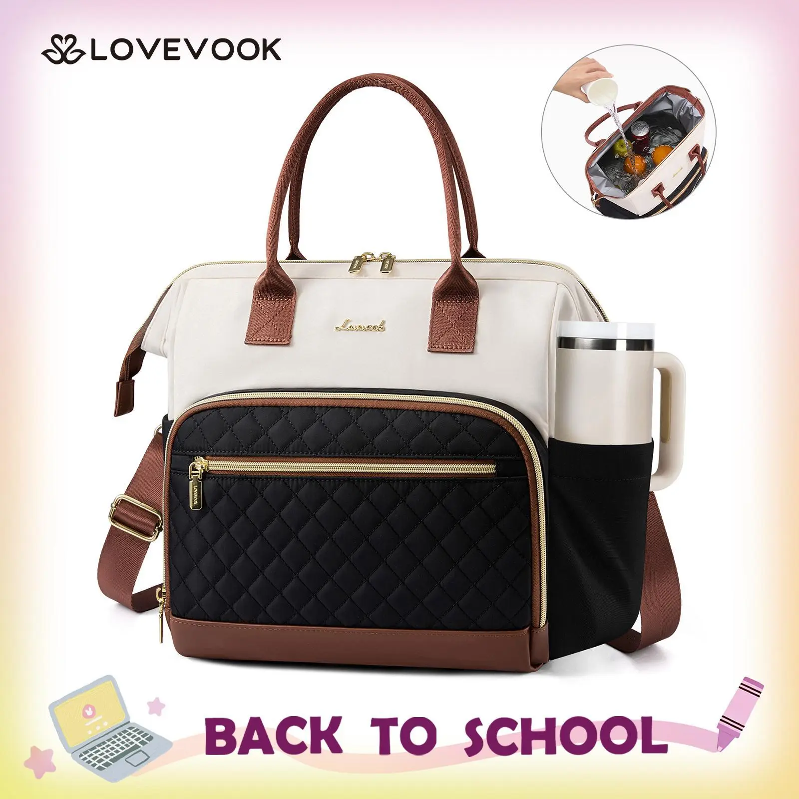 LOVEVOOK Lunch Bag Women, Insulated Adult Lunch Box for Women Work, Wide Opening Leakproof Cooler Tote Bag for Office Campus Picnic Beach with Shoulder Strap, Loncheras Para Mujer with Cup Holder