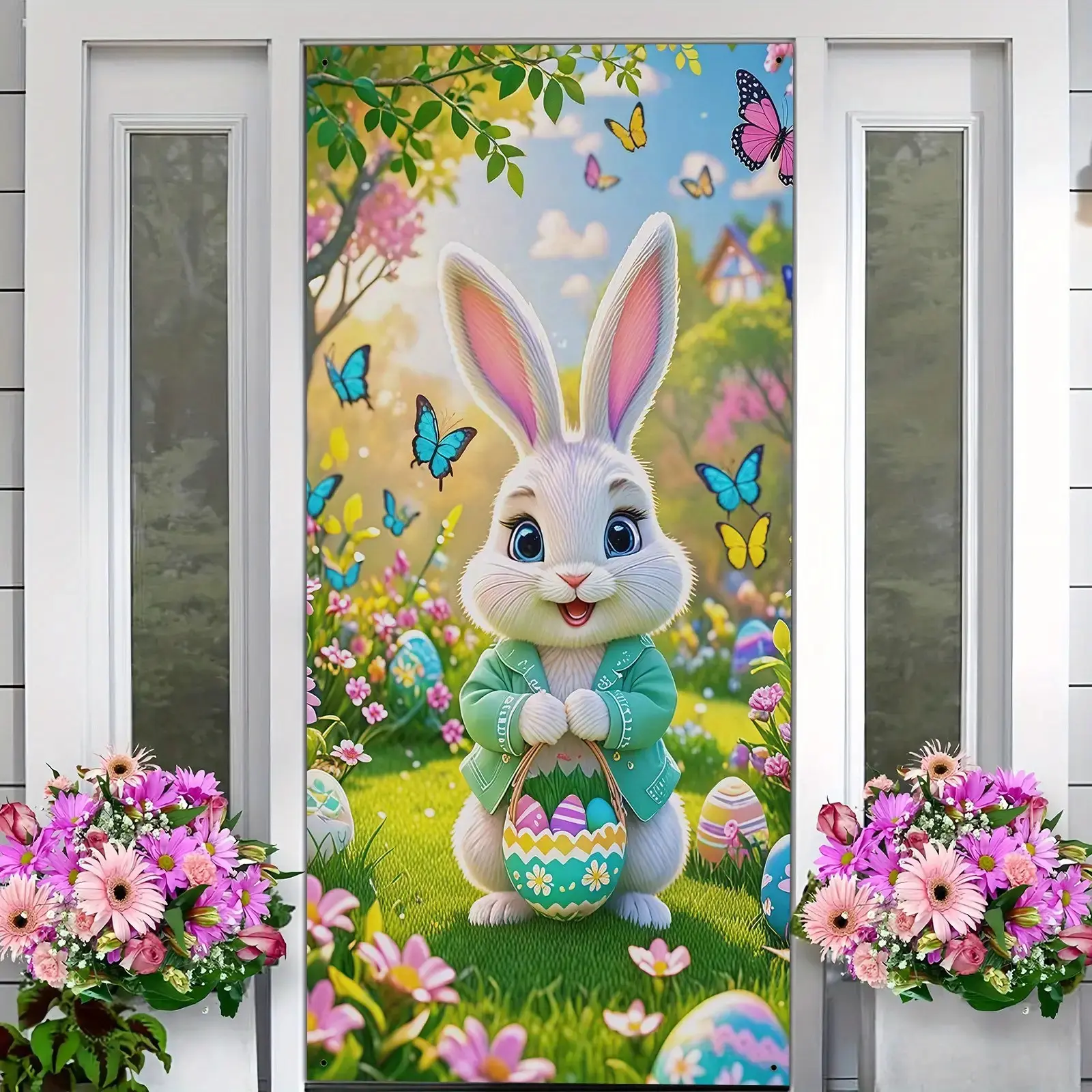 2D Door Canvas Cover with Easter Rabbit Design, Colorful Spring Theme for Entrance Decor, Perfect for Various Occasions, Decorative Banner, Home Decor Banner, Indoor Backdrops, Backdrop Decoration, Outdoor Banners