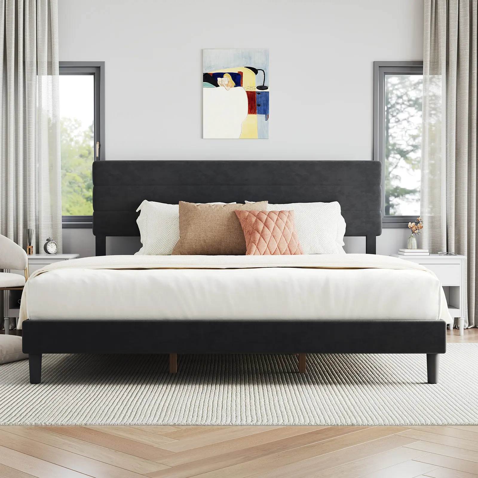 Novilla Black Velvet Full/Queen/King Size Upholstered Bed Frame, Pull Point Tufted Headboard Design, Sturdy Heavy-Duty Feet Support, No Box Spring Needed, Simple DIY Assembly Platform Bed,Back To School