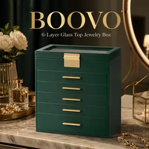 BOOVO（Green）6-Layer Large Jewelry Box Organizer with Mirror, Luxury White Leather Multi Compartment Storage Case for Necklaces, Rings, Earring, Bracelet, Watches. Elegant Dustproof Jewelry Tower, Premium Anniversary Birthday Gift Box for Women
