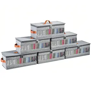 6 Packs CD Storage Box with Visible Window, Media Storage Rack for DVDs, CDs, Video Game Disks, Blu Ray Disc,Stackable CD Case Holder with Dustproof Lid and Handles, Holds Up to 210 CDs in Full Jewel Cases-15.75 x 5.12 x 5.12 Inches-Grey