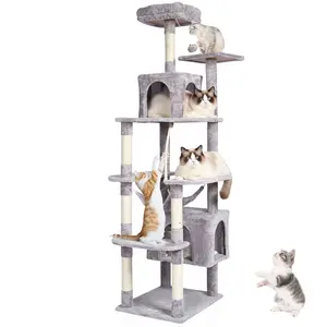 VEVOR Cat Tree for Indoor Cats, 72 Cat Tower with 2 Cat Condos, Sisal Scratching Post, Hammock, Top Perch, Jumping Platforms, Large Cat Furniture Activity Center with Hang Ball, Light Grey