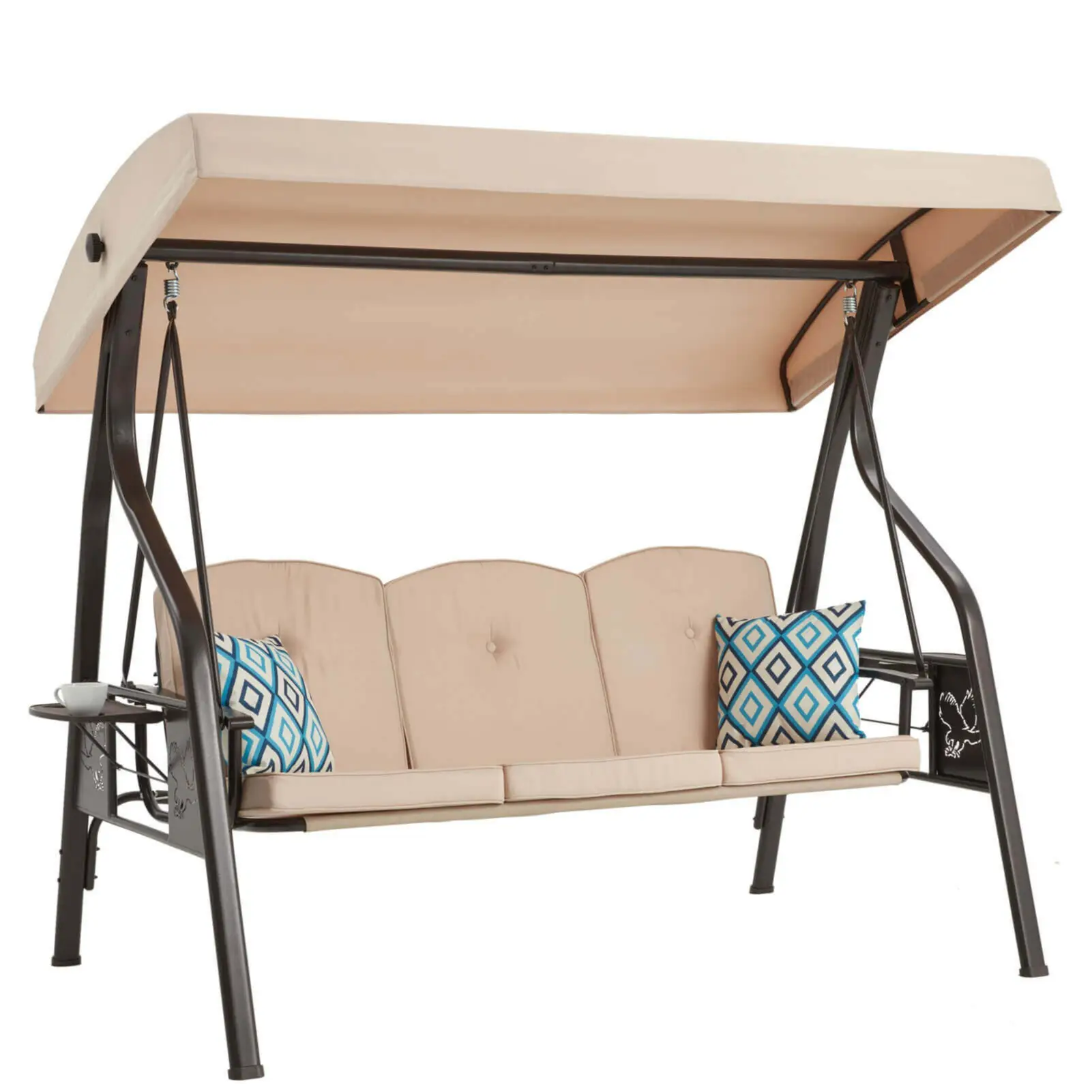 3-Seat Outdoor Canopy Porch Swing with Stand – 2-in-1 Patio Swing Bed & Chair for Adults, Includes 2 Free Pillows & Cup Holder