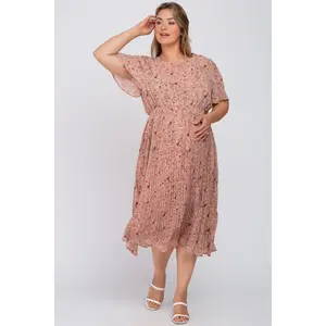 Light Pink Floral Pleated Chiffon Maternity Plus Midi Dress