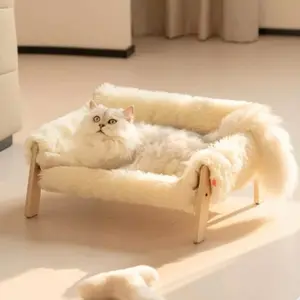 Elevated Wooden Cat Sofa Bed with Plush Cushion for Cats & Small Dogs