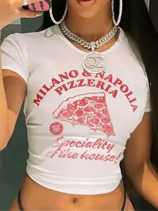 Women's Vintage 1984 Italian Pizza Shop Print T-Shirt, Short Sleeve with Milan & Naples Pattern, Casual Cool Fit Top for Parties and Travel