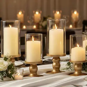 4Pcs Gold Hurricane Candle Holders for Pillar Candles, with Clear Glass Sleeve for Table Centerpieces, Ideal for Home Decor, Wedding, Holiday and Party Decor