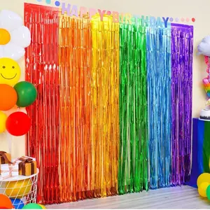 Rainbow Foil Fringe Curtains, 2 Pack Rainbow Party Decorations 3.3x6.6ft Tinsel Metallic Streamers Holiday Photo Booth Props Backdrop for Birthday Wedding Engagement Bridal Shower Unicorn