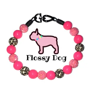 Hot Pink Leopard Print Beaded Dog Collar | Durable Dog Necklace | Rhinestone Bead Collar For Dogs