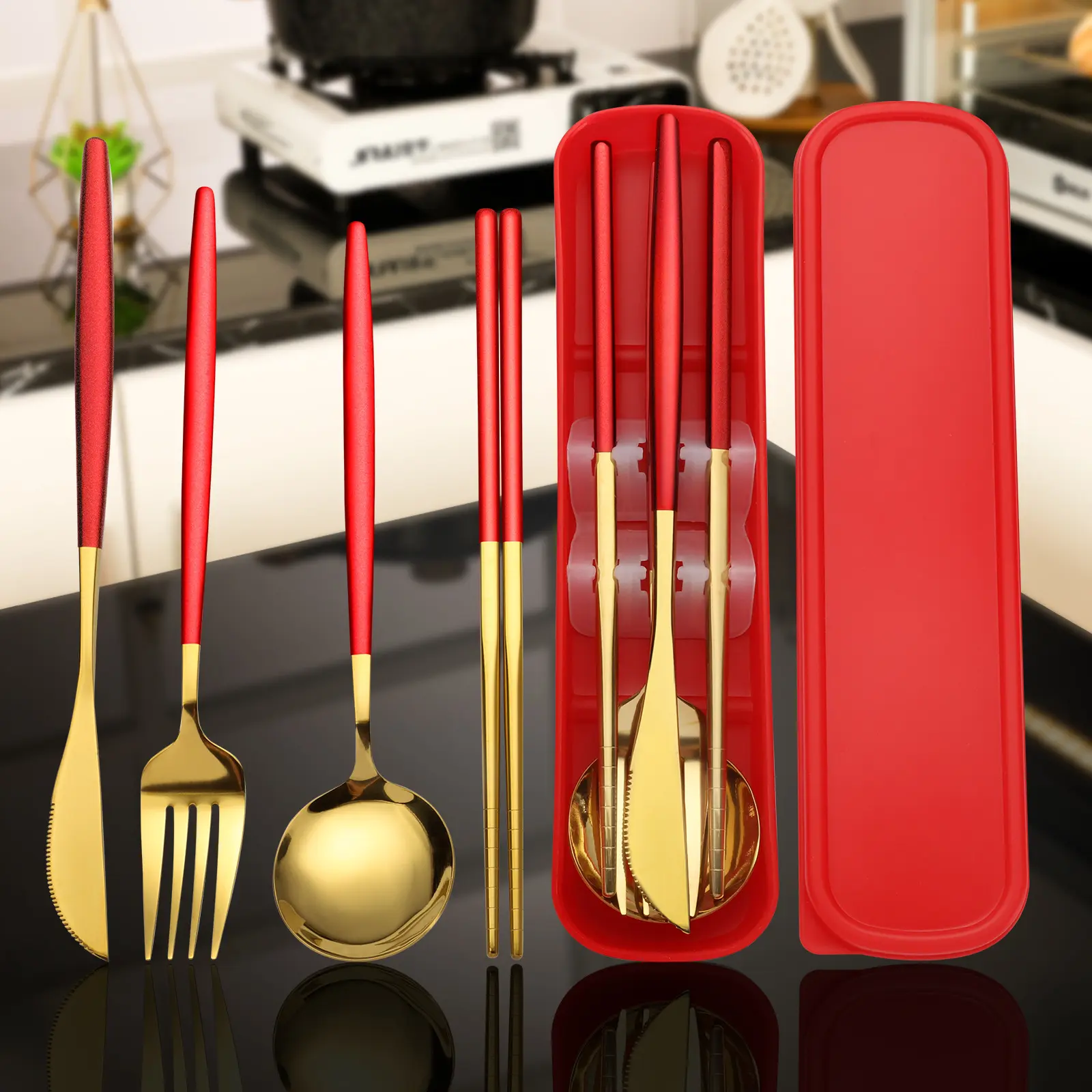 Food Grade Thickened Stainless Steel Cutlery Set of 4, Including Fork, Knife, Spoon, Chopsticks, Equipped with Silent Storage Box, Suitable for Travel, Commuting, Outdoor, Convenient Cutlery buffet cater banquet party