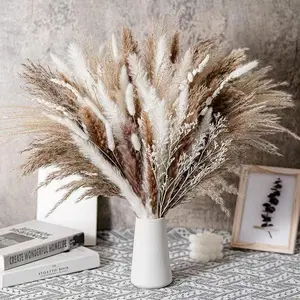 Dried Pampas Grass Decor, 133 pcs Pampas Grass Contains Bunny Tails Dried Flowers, Reed Grass Bouquet for Wedding Boho Flowers Home Table Decor, Rustic Farmhouse Party (17", Many kinds of plants)