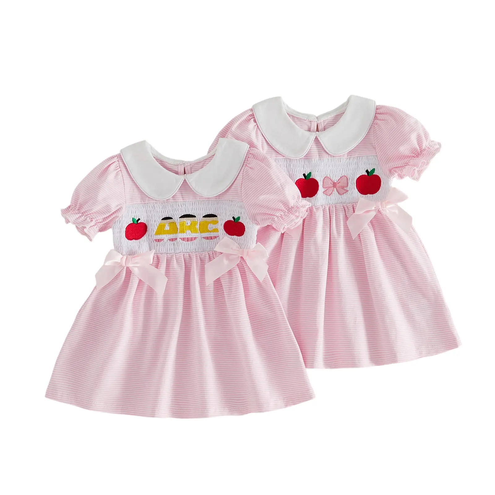 Toddler Baby Little Girl Back to School Dress Short Sleeve Doll Collar Embroidery A-Line Casual Dress 2-7 Years