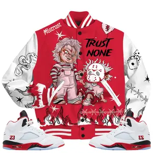 5 Retro Fire Red Varsity Jacket, 2025 Fire Red Black Tongue 5s Shirt, Scary Trust No One Sneaker Matching Outfits Ideas Athletic Casual Fabric Womenswear