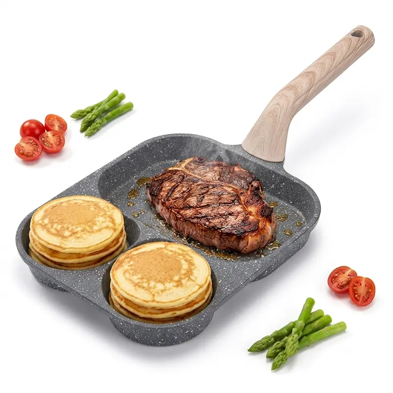 Non-stick Egg Frying Pan, 3 Holes Skillet With Handle, Nonstick 3-In-1 Divided Grill Pan - Multi-Use Egg Cooker, Omelette/Pancake Pan with Steak Function, Gas/Induction Compatible + Free Oil Brush & Scraper,Easy Clean,Breakfast Gadget,Family-Safe,