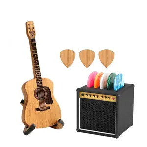 Guitar Picks Holder Box, Amp Speaker Pick Holder and Wooden Guitar Pick Holder with Stand, Guitar Pick Storage Box Set with 5 Celluloid Guitar Picks, for Guitar, Bass, Ukulele Players