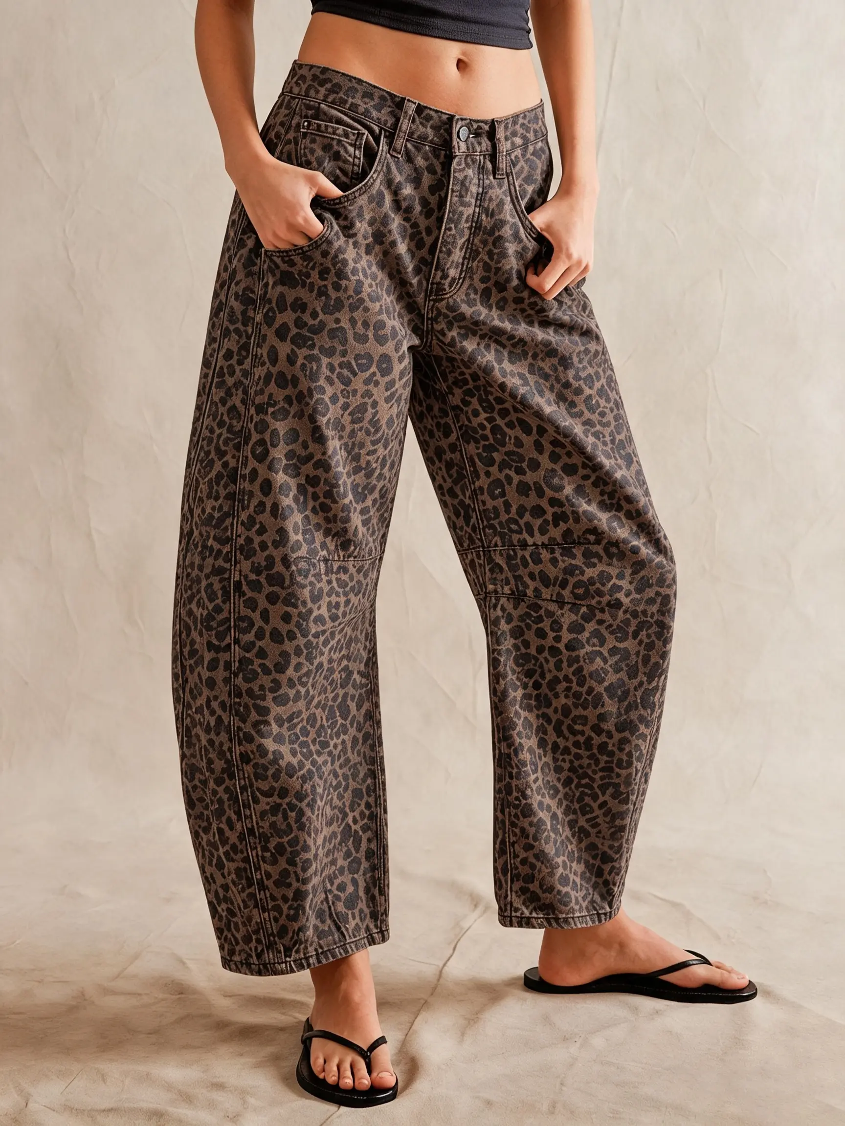 Women’s Baggy Wide Leg Jeans – Mid-Rise Barrel & Banana Leg Denim Pants, Relaxed Fit Streetwear, Solid & Leopard Print Options