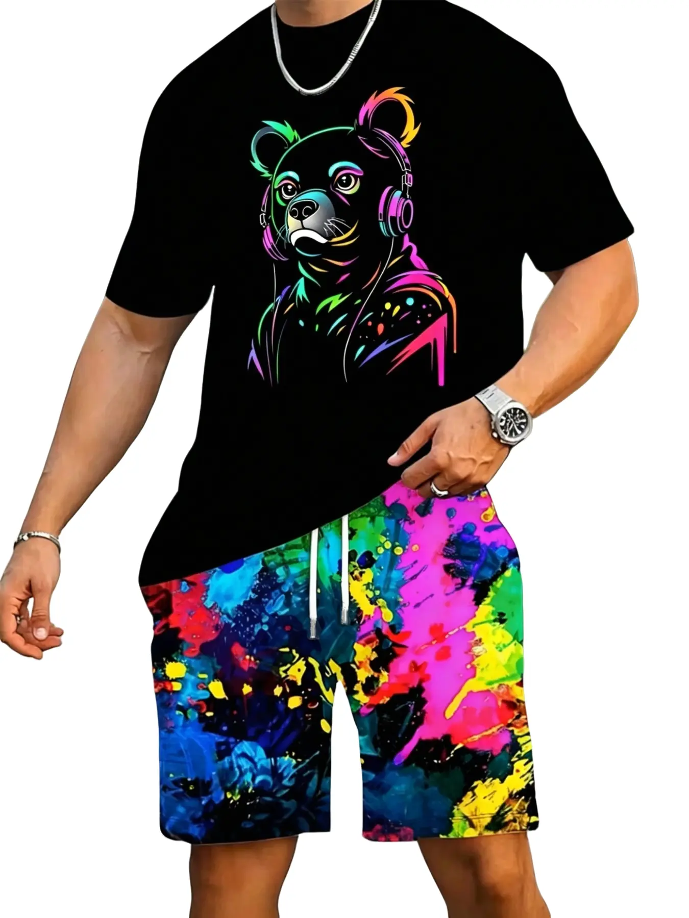Men's Base Graffiti Bear Print T-Shirt + Matching Shorts Set, Casual Loose-Fitting, All Seasons, Two-Piece