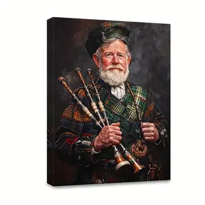 2D Flat, Scottish Bagger Canvas Wall Art-Traditional Scottish Dress with Vitality Plaid Pattern, Wood Edging Frame, Vintage Ornament Suitable for Living Room, Bathroom, Studio-Perfect Holiday Gift, Classic Hook Installation, Fine Craftsmanship