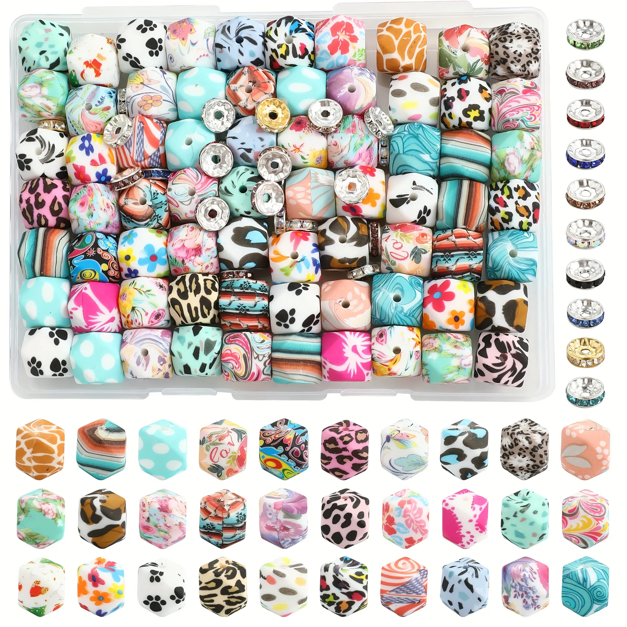 107-piece polygonal watermark silicone bead kits,including hexagonal beads and crystal spacer beads, suitable for DIY keychains, DIY bead accessories, beading pens, and handmade materials, etc.