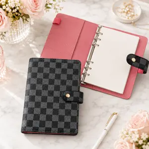 A6 Black Checkered 6-Ring Planner Binder,Refillable PU Leather Cover with Pink Interior,Card Slots,Pen Loop & Snap Closure, Stylish Daily Organizer for Work,School,Journaling & Gifts,excellent gift portable book prompt question memorial day deal