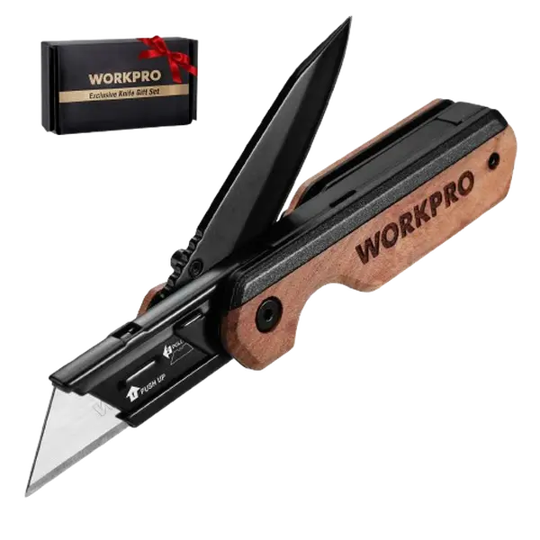 #LaborDay WORKPRO 2-in-1 Folding Knife/Utility Knife, Quick-Change Box Cutter with Belt Clip, Liner Lock, and G10 Handle, Extra 10 SK5 Blades Included