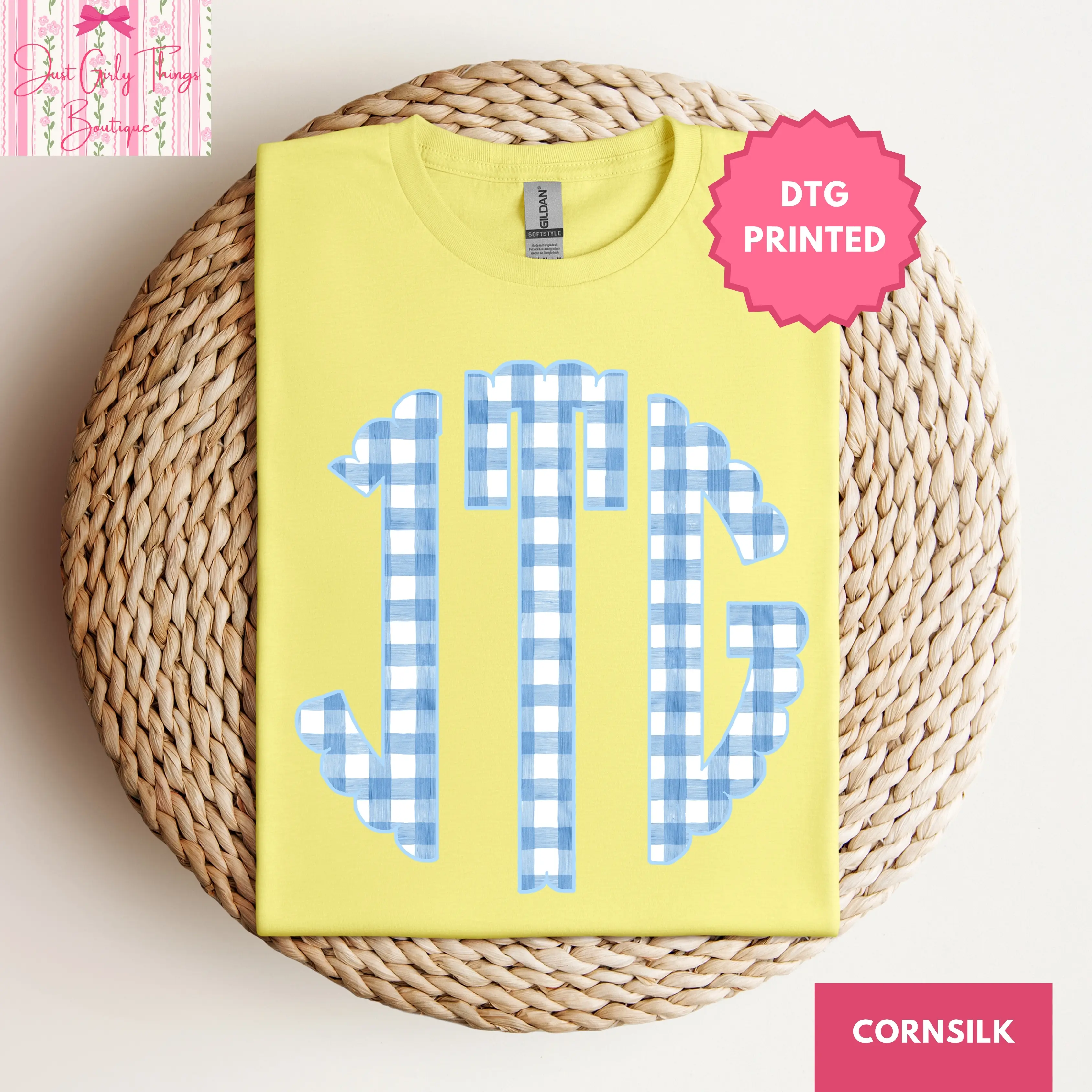 Blue Gingham Custom Monogram Shirt - Gildan 64000 Softstyle Tee - (Leave First Name Initial, Last Name Initial, Middle Name Initial in Notes at Checkout), Custom Name Shirt, Personalized Name Shirt, Custom Monogram Shirt, Gingham Shirt