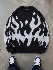 Halloween Street Style Essential, Flame Print Knit Sweater, Cool & Tough Atmosphere, Trendy Autumn Winter Men's Casual Wear