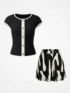 Baddie Black-White Contrast Trim Tee & Zebra Pleated Skirt Two-Piece Set Y2K Aesthetic Contrast T-Shirt & Abstract Print Pleated Skirt Co-ord Set Casual Daily Black-White Contrast Tee & Pleated Skirt Co-ord Outfit