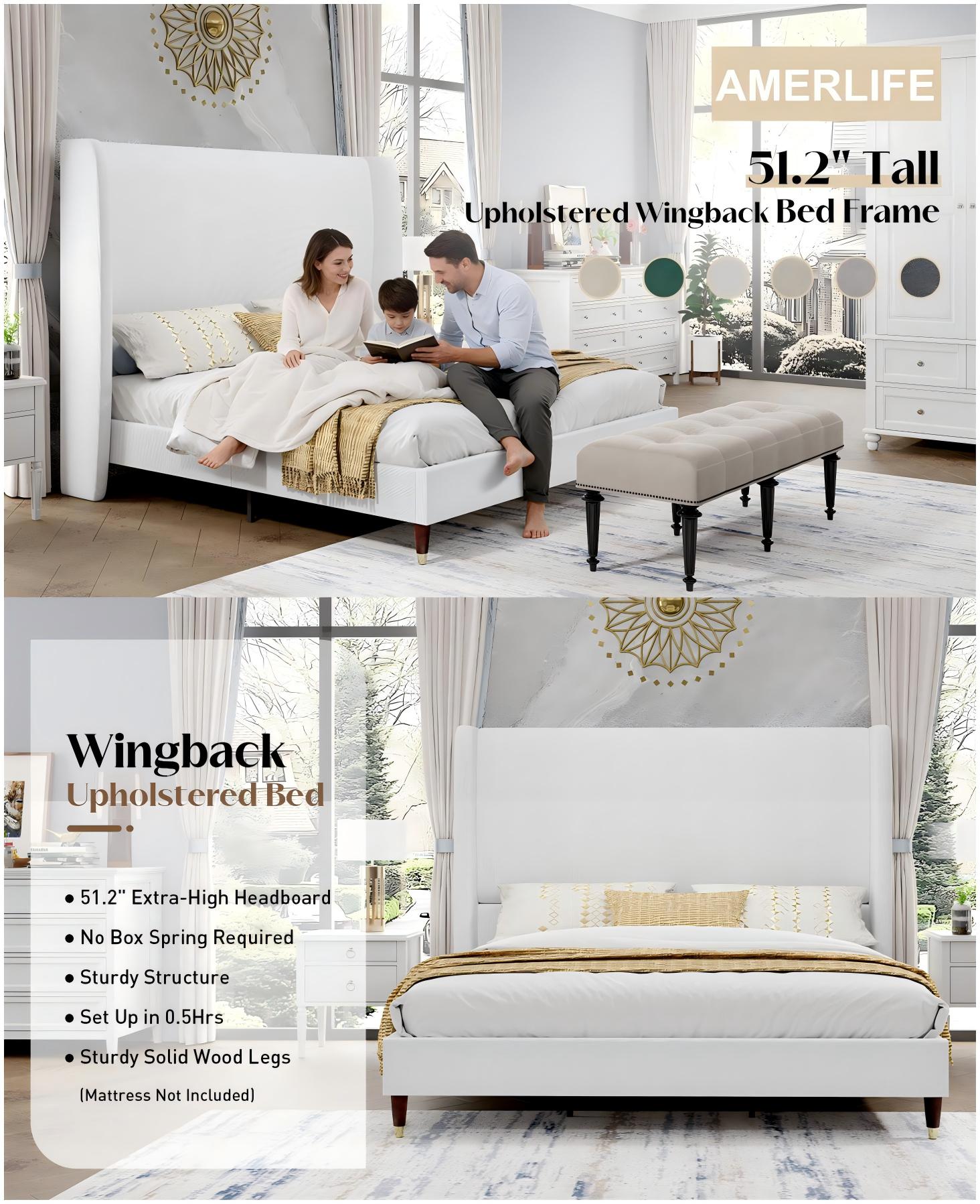 AMERLIFE Platform Bed Frame with 51.2" Tall Headboard, Upholstered Bed with Wingback/Solid Wood Legs/Durability& Silent /No Box Spring Required/Luxury Bedroom Furniture/Full/Queen/King Size/Best Gift Ideas/Christmas Gifts