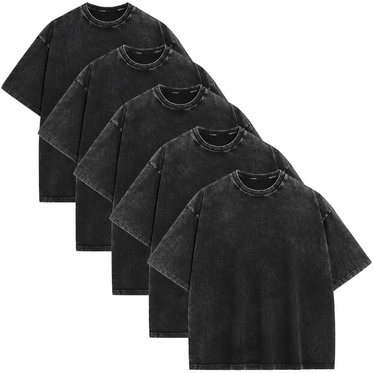 Men's 5-Pack 100% Cotton Basic Plain Vintage Stone Washed Oversized Short-Sleeve T-Shirts - Drop Shoulder Crew Neck, Breathable Layer Tops, Casual Streetwear Bulk Pack, Hemmed Unisex Retro Tees