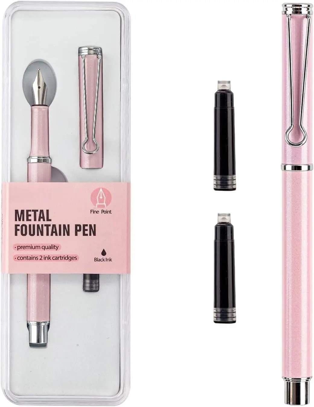 Refillable Fountain Pen, Fine Point, Metal Fountain Pen with  Box, Black Ink, 2 Ink Cartridges in one Set,