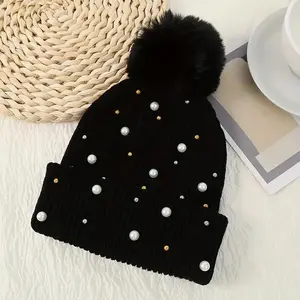 Winter Warm Knitted Beanie with Pom Pom, Stylish Two-Sided Colors, Comfortable Elastic Fit, Artificial Pearl Detail