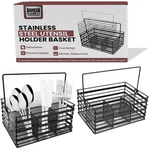 Stainless Steel Utensil Basket,Dishwasher , Flatware Basket, Kitchen, Countertop, Office, Camping, Outdoors, and Restaurants, 4-Compartment, Black