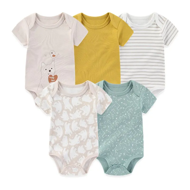 Kiddiezoom 5-Pack Summer Cartoon Newborn Baby Bodysuits 100% Cotton Soft Short Sleeve Onesies for Boys & Girls