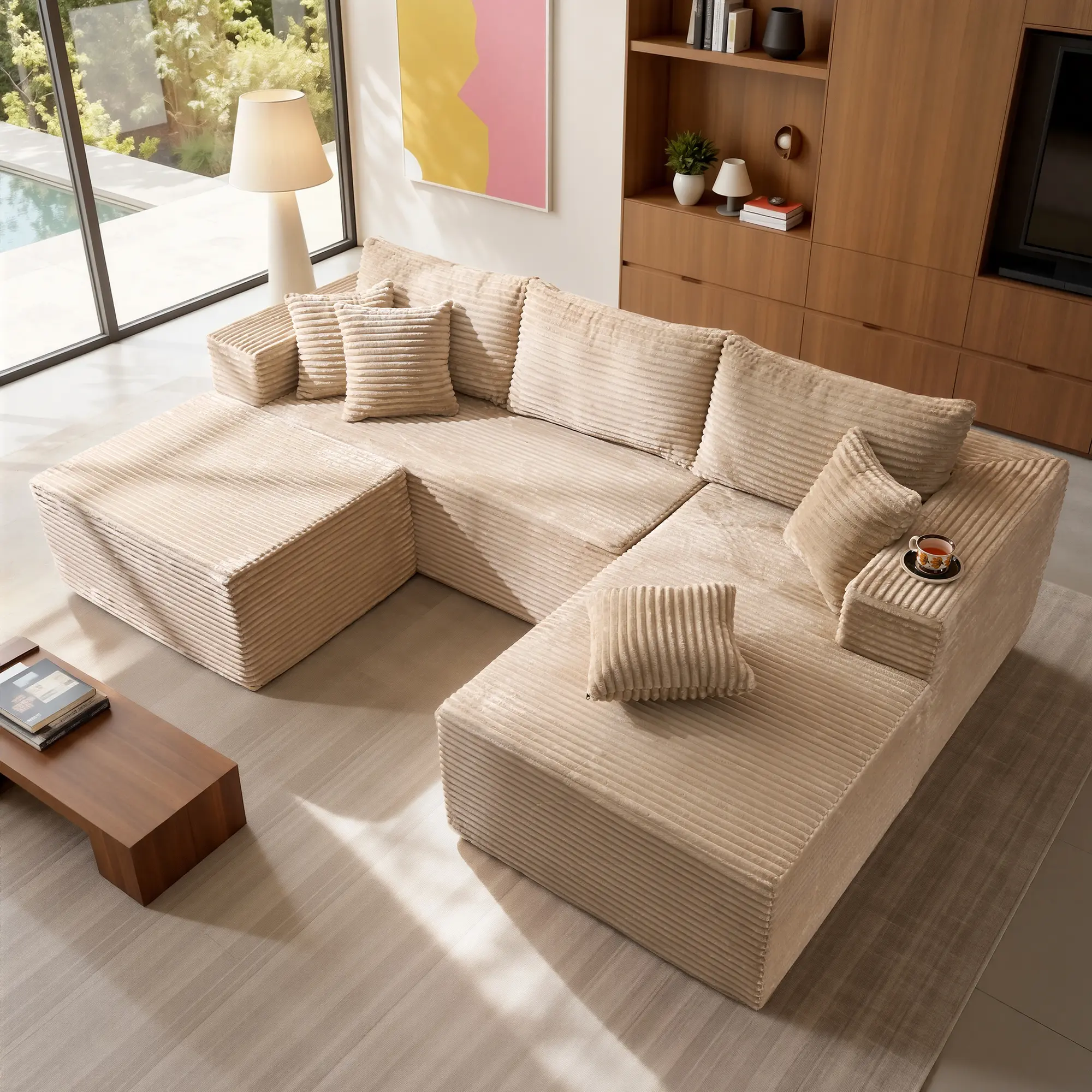 108“Beige Corduroy Right Chaise With Ottoman