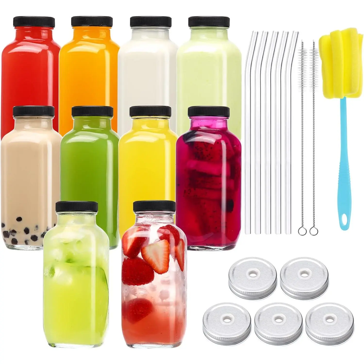 10pcs 16oz Glass Juice Bottles with Lids, Reusable Juice Containers Drinking Jars Water Cups with Brush, Glass Straws, Lids with Hole |     10pcs, with Lids, Reusable, Juice Containers, Drinking Jars, Water Cups
